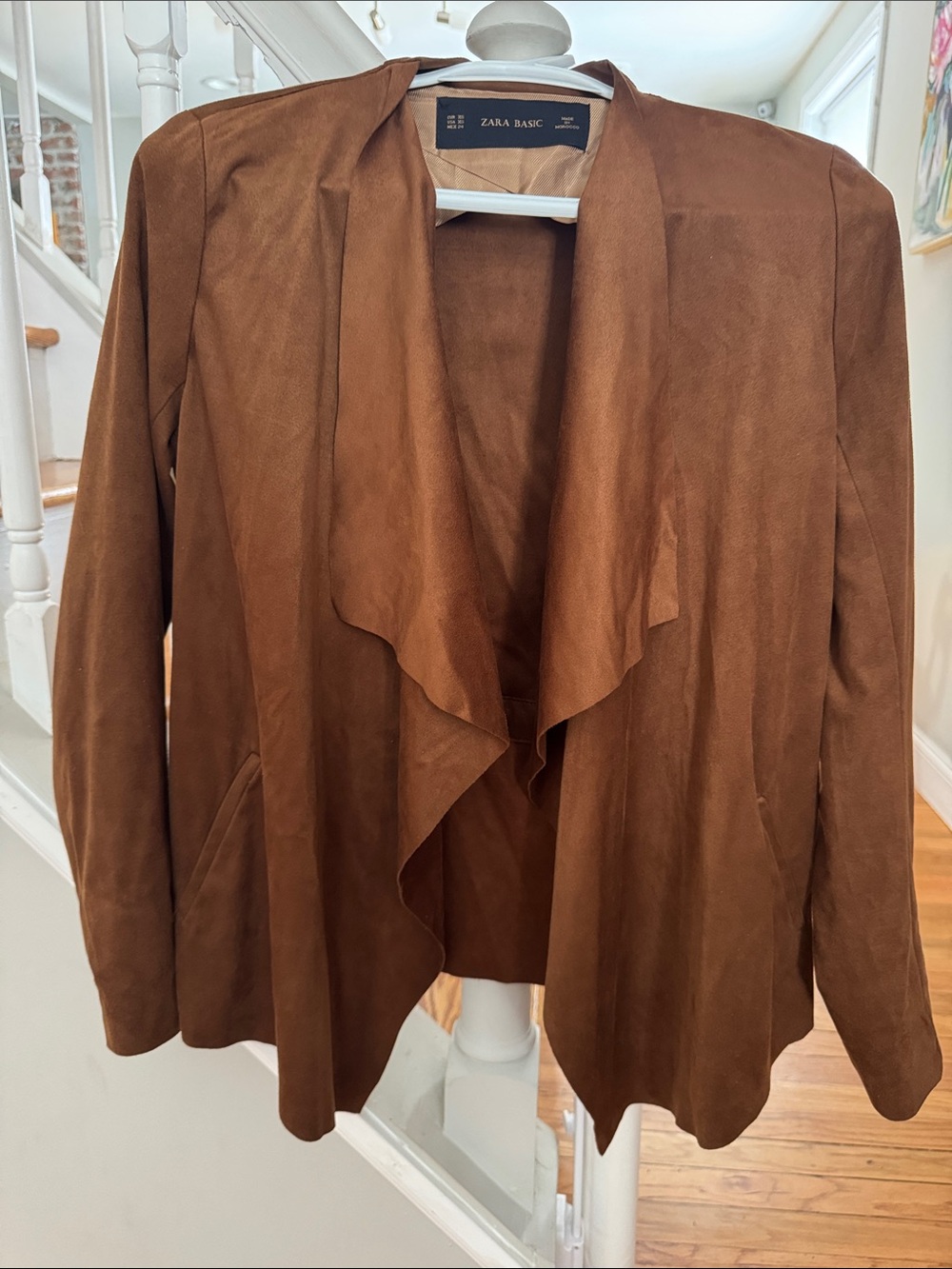 Zara Brown Faux Suede Open-Front Draped Blazer